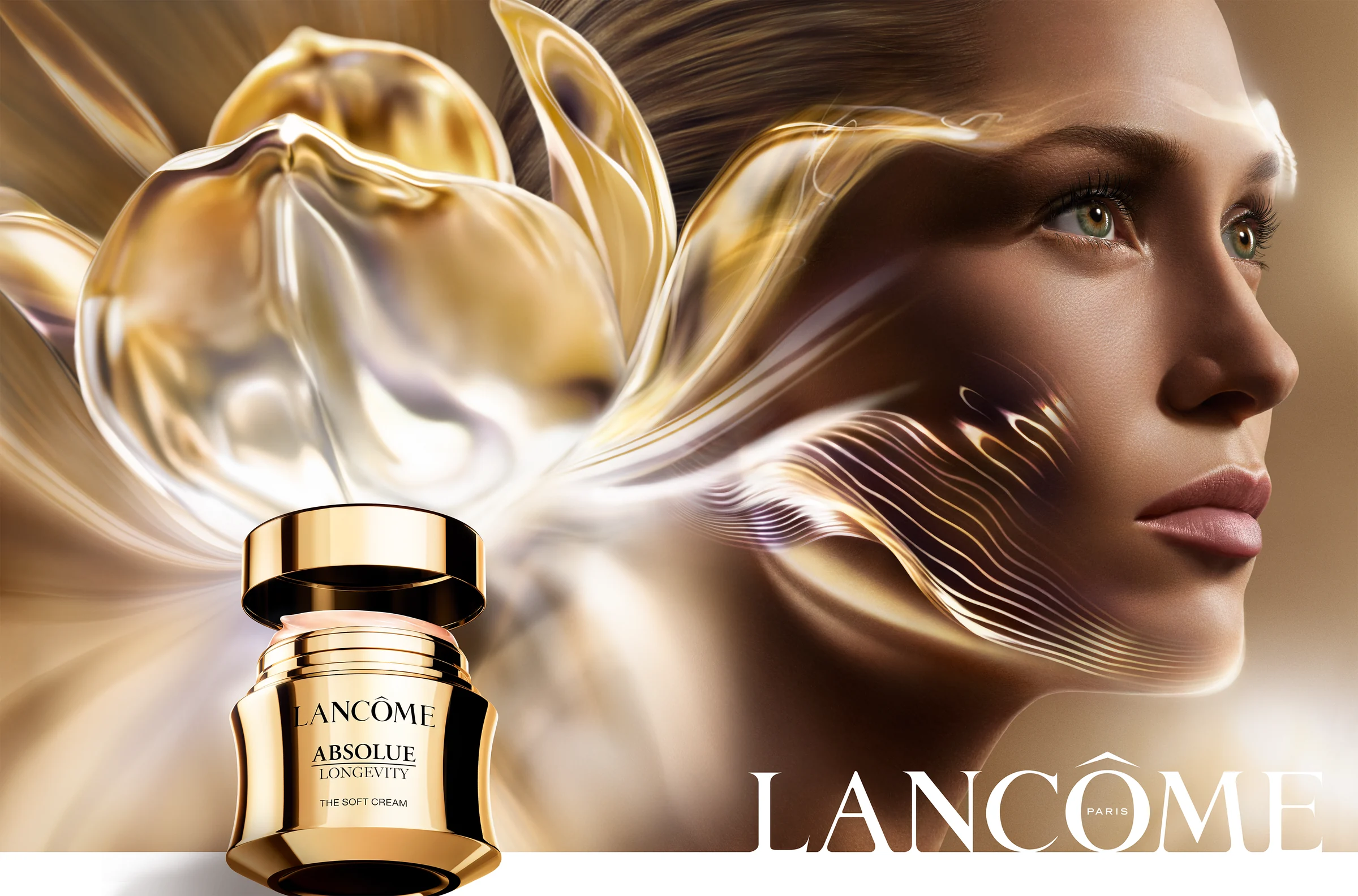 Lancôme Absolue Longevity campaign key visual with model and cream jar